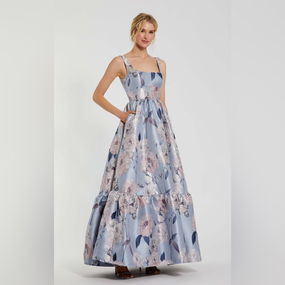 NWT Mac Duggal 11826 Square Neck Floral Printed Satin Maxi Dress Anthropologie - Picture 3 of 8